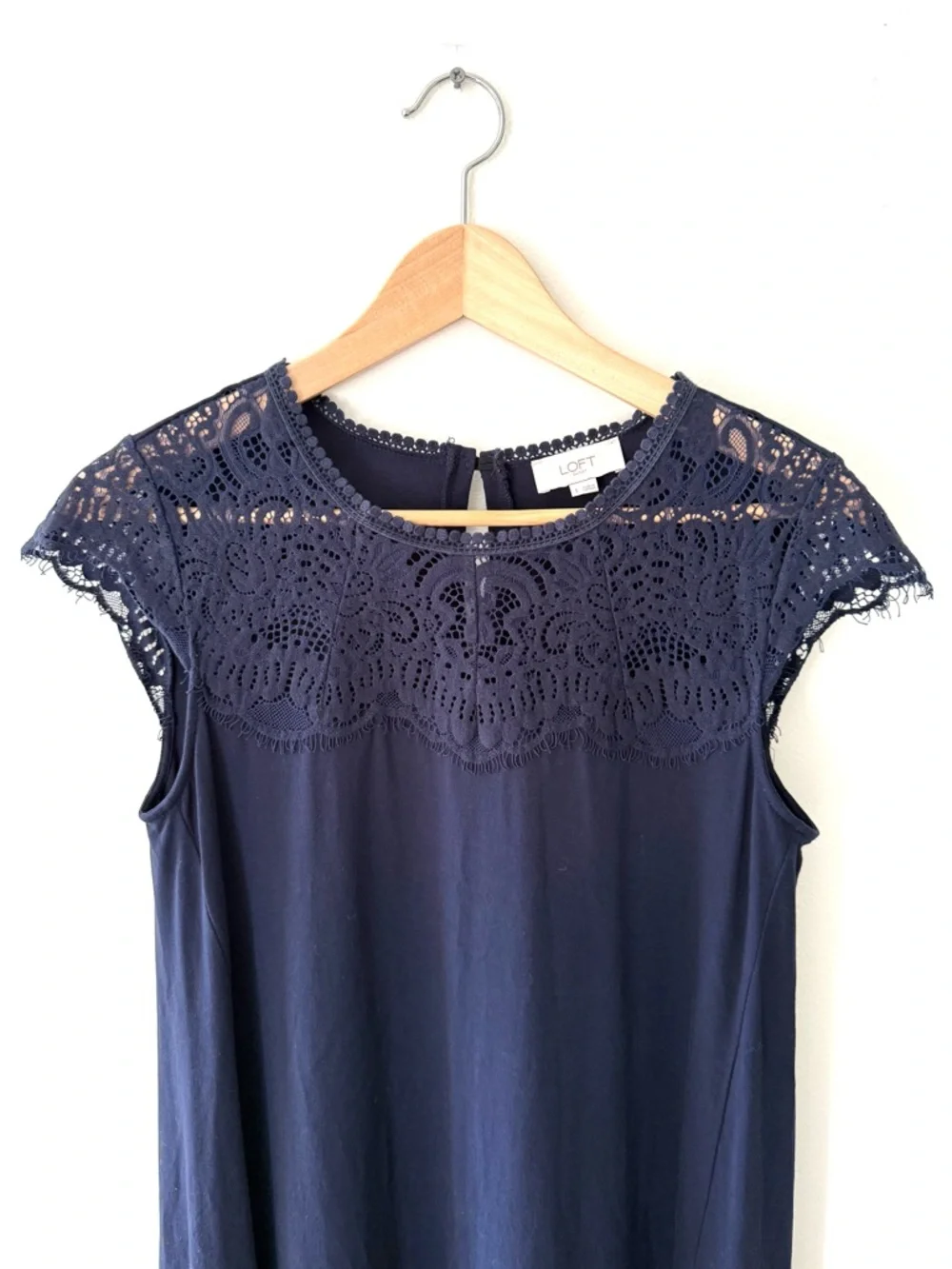 LOFT Navy Blue Lace Yoke Cap Sleeve Mini Swing Dress A-Line Crochet Detail Sz S - Picture 3 of 14